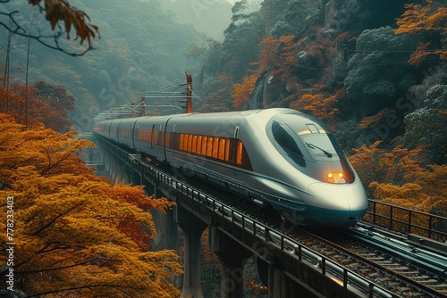 A futuristic magnetic levitation (maglev) train gliding above its track, silent and fast