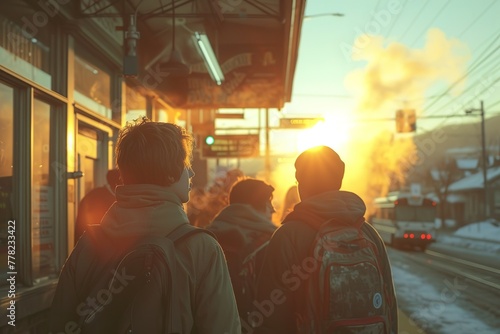 A group of children waiting at a school bus stop on a sunny morning photo