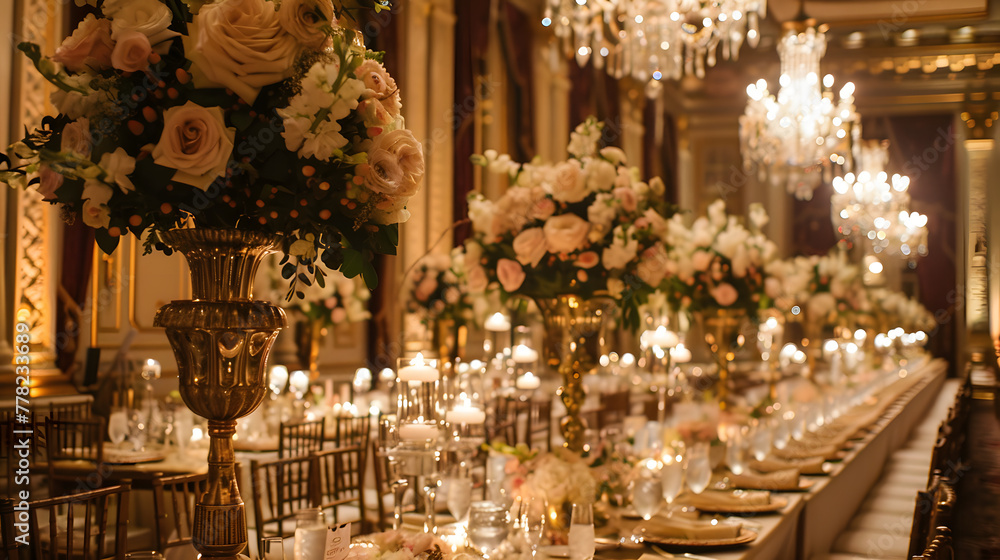 Fototapeta premium An elegant, candlelit wedding reception in a grand ballroom, with intricate crystal chandeliers and long tables adorned with lush floral arrangements
