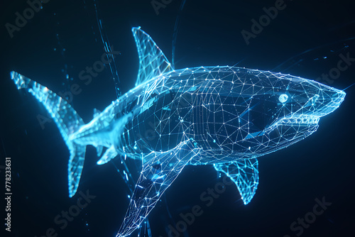 wireframe shark against radiant translucent backdrop, perfect for futuristic designs and underwater concepts. © River Girl
