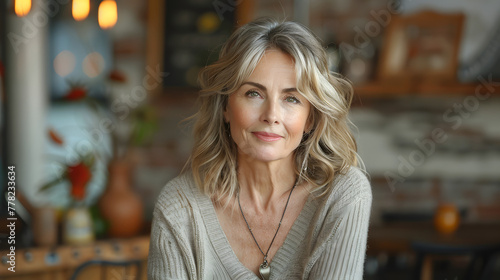Wallpaper Mural an attractive middle aged woman smiling at the camera wearing a skirt and v-neck sweater and a necklace Torontodigital.ca