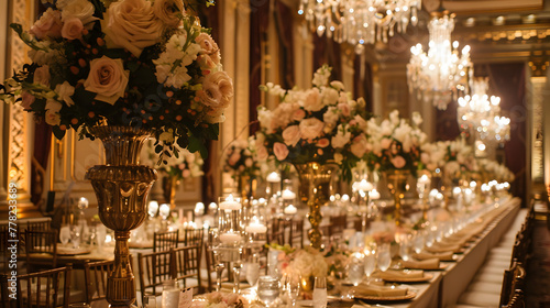 An elegant, candlelit wedding reception in a grand ballroom, with intricate crystal chandeliers and long tables adorned with lush floral arrangements