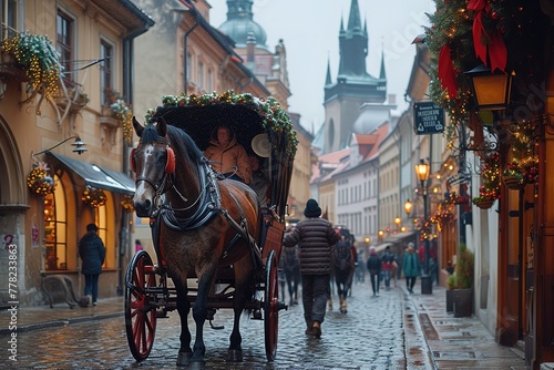 A horse-drawn carriage transporting delighted tourists along historic cobblestone streets, with the clip-clop of horse hooves and the aroma of street food in the air photo