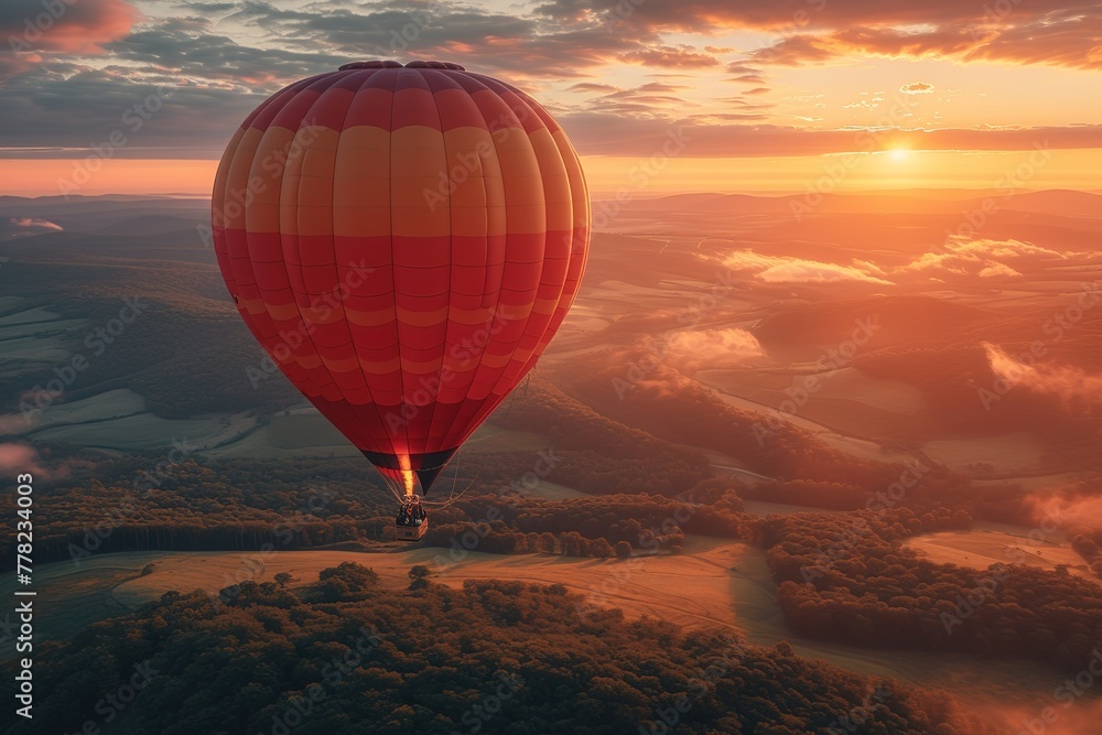 A hot air balloon gracefully ascending at dawn, its vibrant envelope painted with intricate designs, with passengers in the basket enjoying champagne and breathtaking aerial views