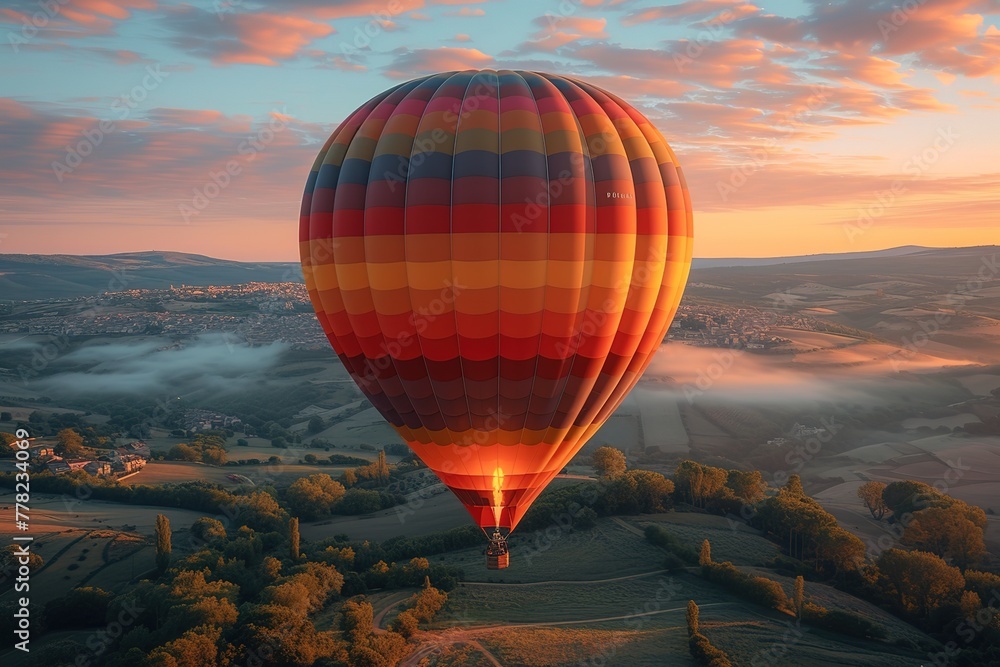 A hot air balloon soaring above a picturesque countryside, colorful against a blue sky A hot air balloon soaring above a picturesque countryside, colorful against a blue sky