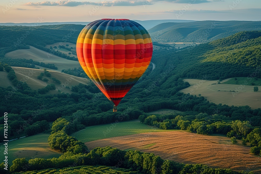 A hot air balloon soaring above a picturesque countryside, colorful against a blue sky