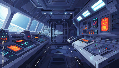Fototapeta Naklejka Na Ścianę i Meble -  Science Fiction Space Station: A space station set with control panels, space capsules, and zero-gravity effects for sci-fi space adventures.
