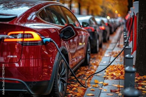 A line of electric cars charging at a charging station, renewable energy in action