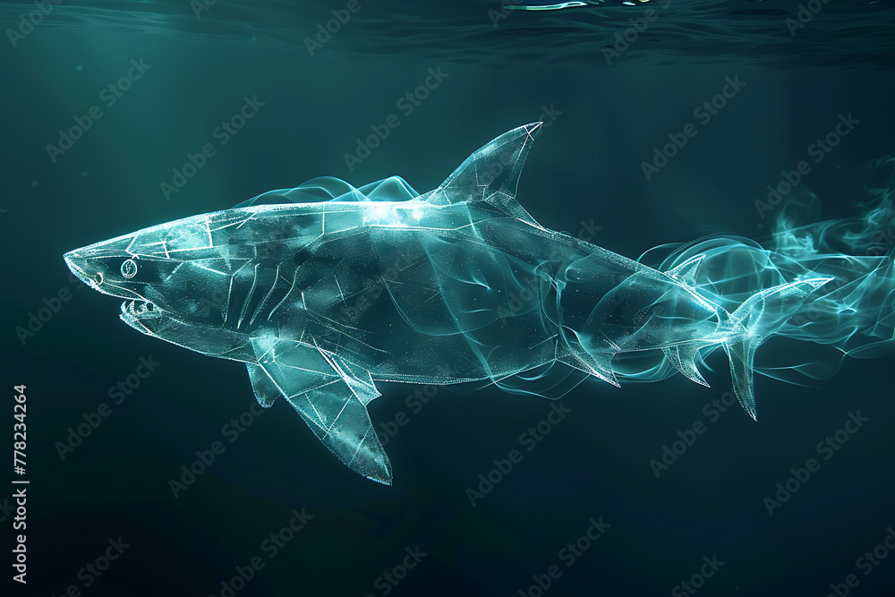 wireframe shark against radiant translucent backdrop, perfect for futuristic designs and underwater concepts.