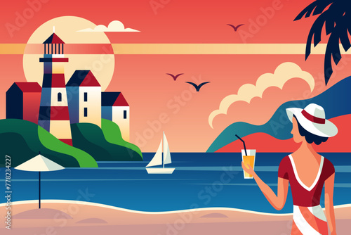Summer vacation banner design. Young woman over  beach landscape background with town and sailing boats. Abstract template for travel and tourism concept