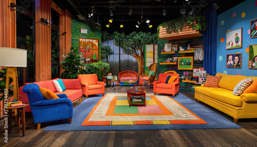 Family Fun Talk Show Studio: A vibrant set with colorful decor and a backdrop featuring playful family activities.
