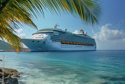 A massive cruise ship anchored at a tropical island paradise