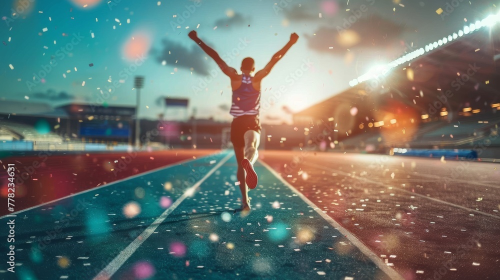 Triumphant athlete celebrating victory on a track field during sunset, surrounded by floating particles of light - obrazy, fototapety, plakaty 