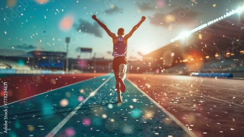 Triumphant athlete celebrating victory on a track field during sunset, surrounded by floating particles of light