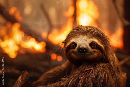 Sloth's sorrow in forest fire scene, flames in background