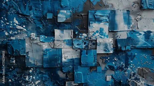 Abstract grunge background with blue and white paint splashes on old wall