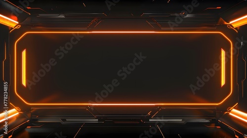 Contemporary black and orange live stream overlay video screen interface frame design, vibrant orange border game overlay video screen frame for interactive streaming
