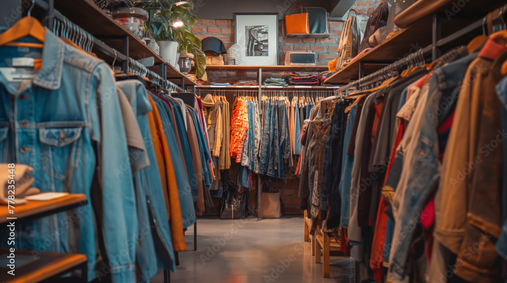 Warm-toned photo capturing the eclectic vibe of a vintage clothing store with racks of retro apparel