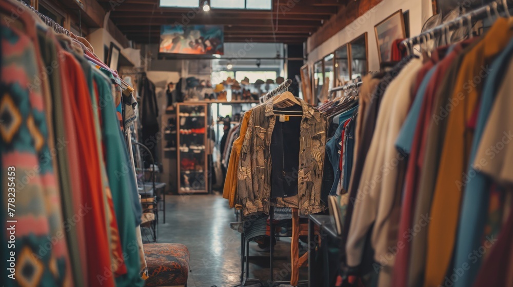 Warm and inviting view of a vintage clothing store with racks of retro garments