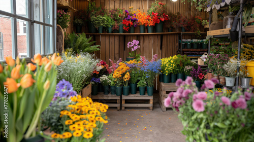 Vibrant display of assorted flowers at a charming local flower shop © Татьяна Евдокимова