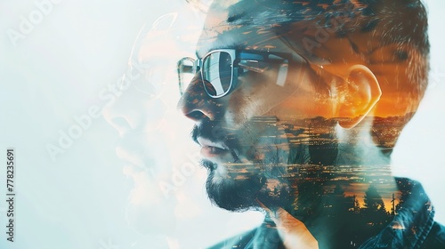 Generative AI : Double exposure of male face. Abstract man portrait. Digital art. Guy in glasses of virtual reality. photo