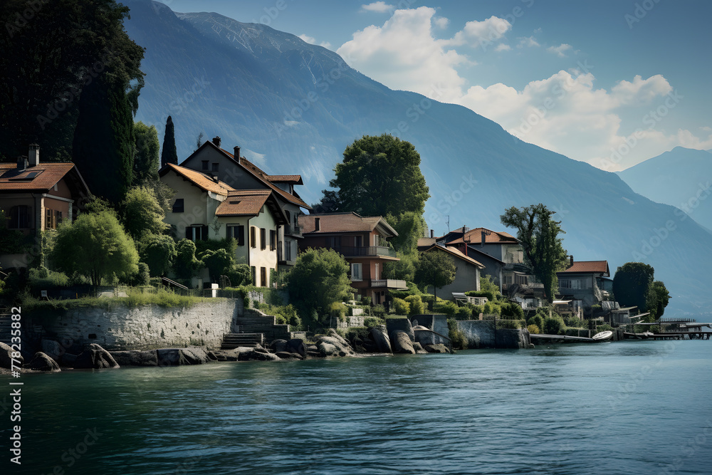 Naklejka premium italian mountain town near a lake, italian mountain town, town in italy