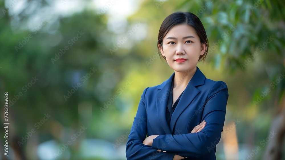 Generative AI : Portrait of Asian business woman in blue suit stand on blurry background. Generative AI : Portrait of Asian business woman in blue suit stand on blurry background.