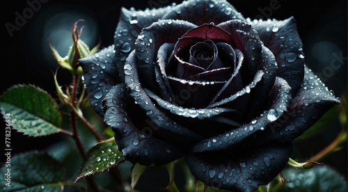 Beautiful black rose with water drops on a dark background, closeup