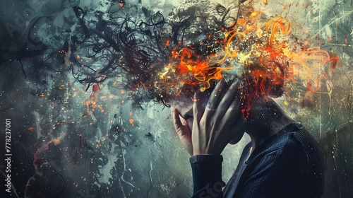 Artistic representation of a person in distress with a head exploding into abstract forms, symbolizing mental overload