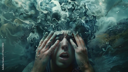 Surreal portrayal of a person submerged in water with mind and thoughts dissolving into aquatic elements, reflecting mental strain