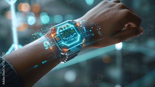 Futuristic smartwatch on wrist with holographic display of health stats, showcasing wearable technology in health monitoring