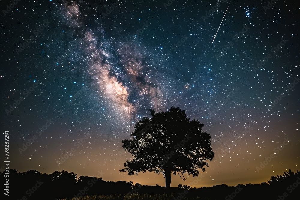 Celestial scene with the Milky Way arching across the night sky, illuminated by ethereal light from distant stars Celestial scene with the Milky Way arching across the night sky, illuminated by ethereal light from distant stars
