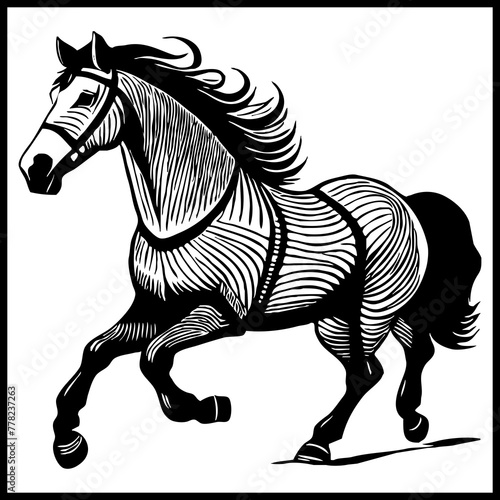 Horse . Black and white animal graphics. Logo design for use in graphics. Print for T-shirts  design for tattoos. Generated by Ai