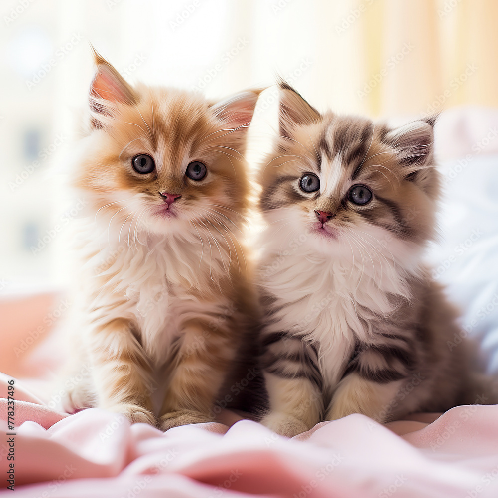Little cute kittens sitting on the bed on a blanket. Little cute kittens sitting on the bed on a blanket.