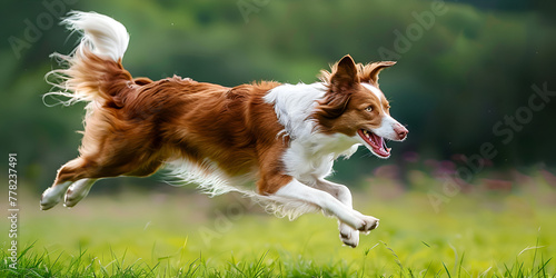 Adult brown white border collie run very fast in training day happy dog jump