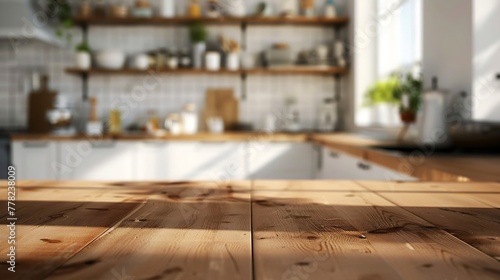 Generative AI : blurred kitchen interior and wooden desk space home background