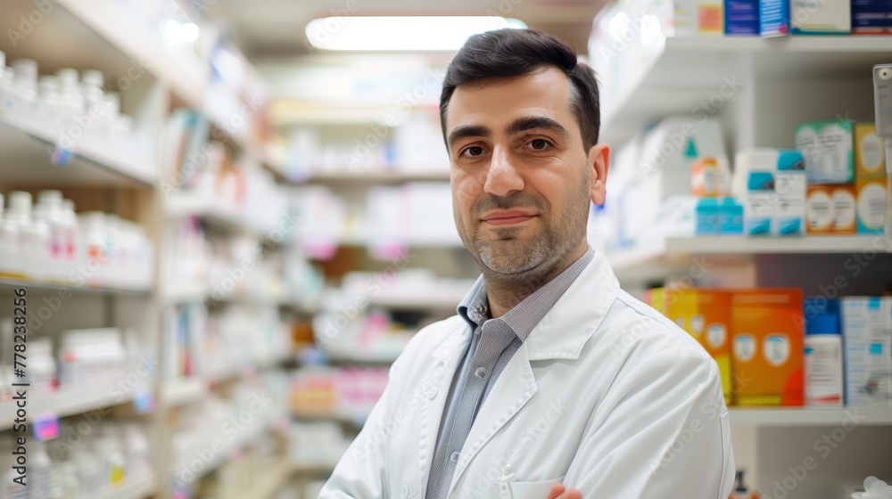 Portrait of male pharmacist in modern pharmacy interior