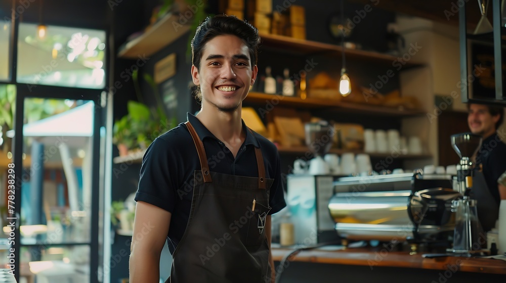 Generative AI : Startup successful sme small business owner man walking in his coffee shop or restaurant. Generative AI : Startup successful sme small business owner man walking in his coffee shop or restaurant.