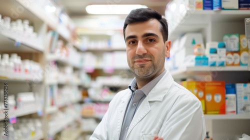 Portrait of male pharmacist in modern pharmacy interior