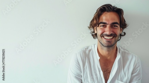 Generative AI : Portrait of happy Italian man smiling against white wall as background and looking at camera. photo