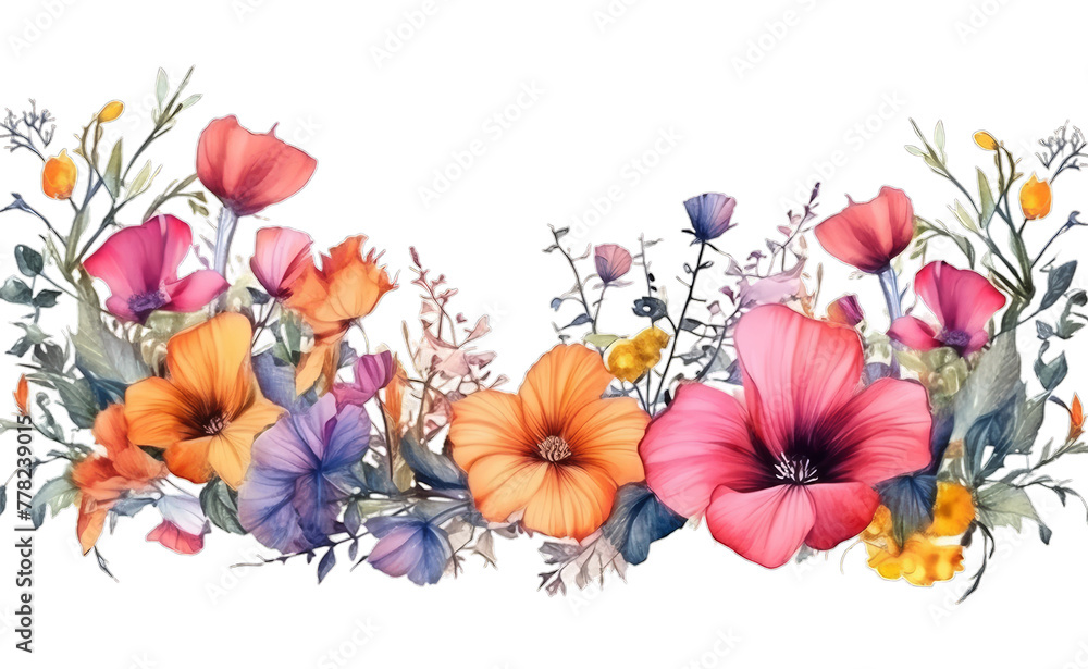 Obraz premium Illustration watercolor Floral Blossom Background with Leaves, floral border, on transparent background with png file. Cut out background.