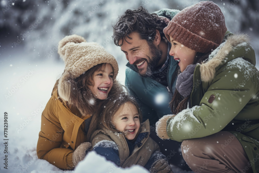 Loving father and children playing together in a snowy winter background. Father’s Day concept Loving father and children playing together in a snowy winter background. Father’s Day concept