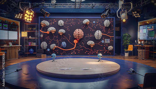 Neuroscience Talk Show Studio: Set with neuroscience-themed decor, brain models, and a backdrop featuring neural pathways and brain imaging photo