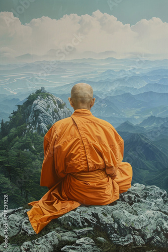 A rear view of a monk meditating at the peak of a mountain