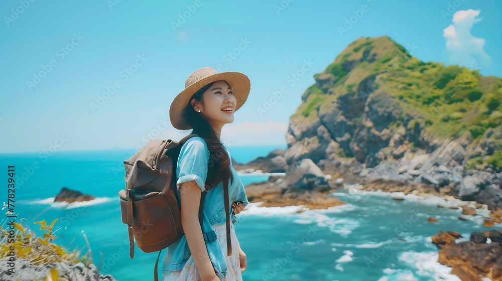 Generative AI : Young Asian woman with backpack solo travel on tropical island mountain peak in summer sunny day. 