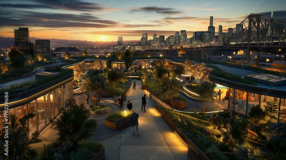 A cityscape with a large group of people walking on a path. The path is lit up with lights, creating a warm and inviting atmosphere. The city is bustling with activity A cityscape with a large group of people walking on a path. The path is lit up with lights, creating a warm and inviting atmosphere. The city is bustling with activity