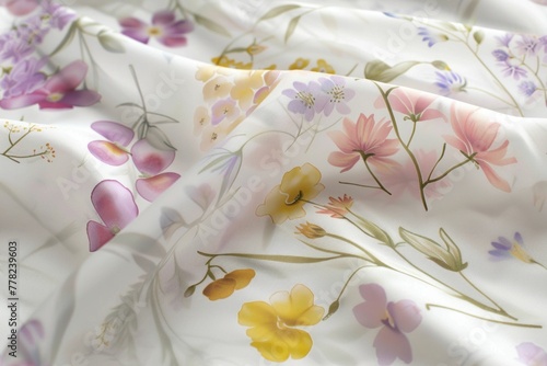 Close Up of White Floral Fabric with Purple and Yellow Flowers Printed on It, Textile Background with Blooming Flowers, Spring Design Concept