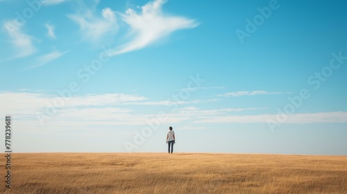 A man is walking in a field with a blue sky above him. The sky is clear and the sun is shining brightly. The man is wearing a white shirt and jeans. The field is dry and the grass is tall