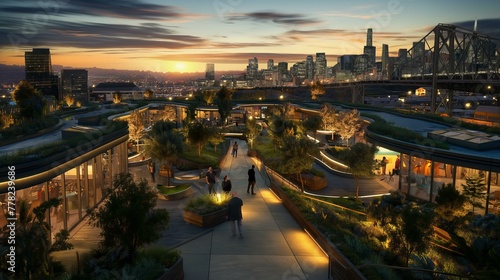 A cityscape with a large group of people walking on a path. The path is lit up with lights, creating a warm and inviting atmosphere. The city is bustling with activity