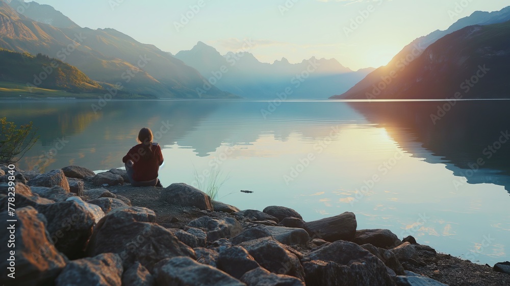 A man sits on a rock by a lake, watching the sun set. The scene is peaceful and serene, with the man's reflection in the water adding to the calming atmosphere
